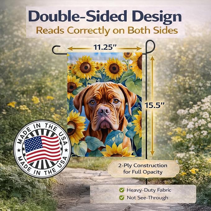 Caroline's Treasures DAC6069GF Dogue de Bordeaux in Sunflowers Garden Flag Mailbox Flag Decorative Yard Flag Banner Outside Patio Artwork Yard Flower Beds, Garden Size, Multicolor
