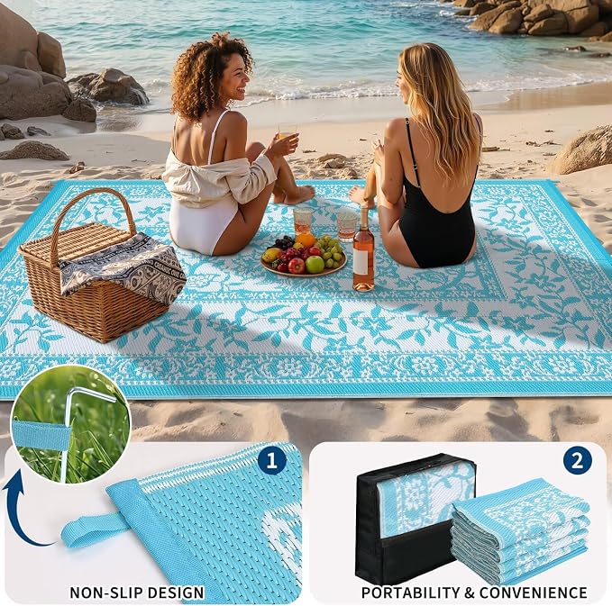Garvee Outdoor Rug 5x8, Waterproof Reversible Foldable Plastic Straw Rug, Botanical cottagecore Outdoor Rugs Patio Camping RV Carpet for Deck Camper Porch Balcony Backyard Picnic Beach Blue