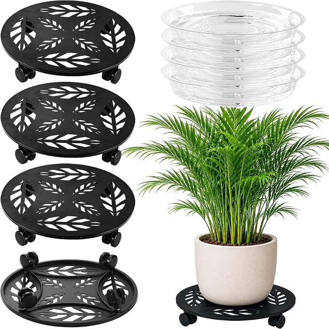 Planterhoma 4 Packs 14 Inch Rolling Plant Stand with Wheels Metal Plant Caddy with Wheels Heavy Duty Plant Rollers with Wheels Round Wrought Iron Plant Stand with Clear Saucers, Matte Black