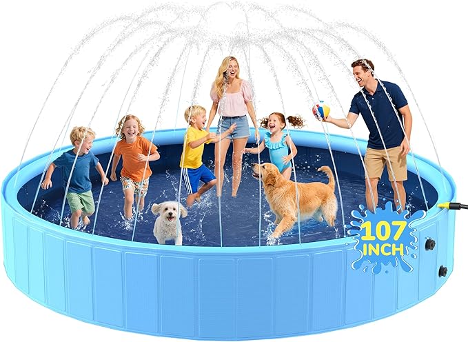 107'' Foldable Dog Pool, Extra Large Sprinkler Pools for Kids, Non-Slip Heavy Duty Dogs Pool for Large Dogs, Hard Plastic Kiddie Bathtubs for Backyard(9ft)