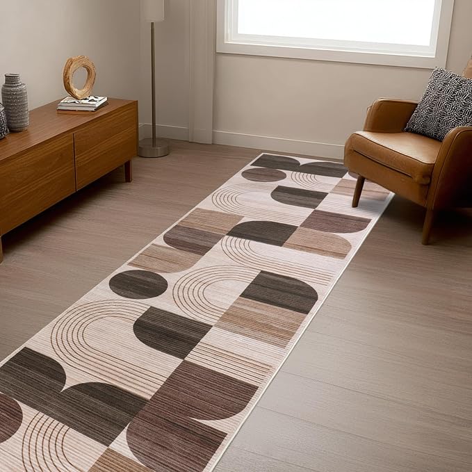 Soft Modern Geometric Abstract Machine Washable 2x6 Runner Rug | Brown Rugs for Bedroom Living Room, Non-Shedding Faux Wool Indoor Throw Floor Carpet for Office Entryway Dining Room Decor