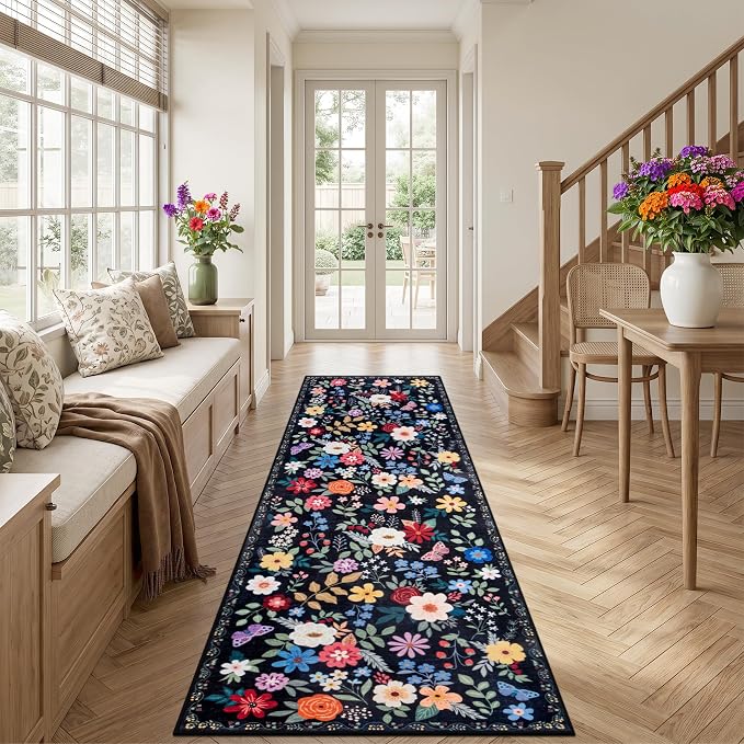 PLHXFR 2.6x10 Washable Runner Rug：Floral Indoor Kitchen Soft Carpet Black | For Hallway Bedroom Kitchen Laundry Bathroom Dorm,Vintage Floral,Machine washable,Non Slip,Stain Resistant,Indoor Floor