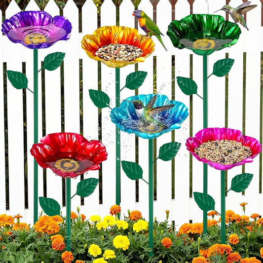 LemonRoad 6 Pcs Metal Bird Baths for Outdoors Flower Pattern Bird Bath Feeders with Metal Stake for Garden Yard Lawn Outdoor Decor(Multicolor)