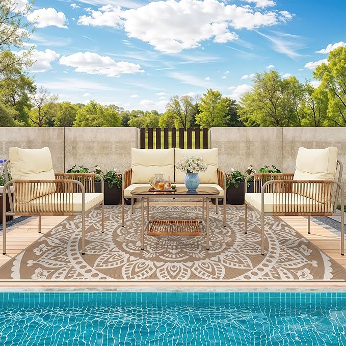 Bsmathom Waterproof Outdoor Rug 8'x10' Brown | Reversible, Boho Plastic Straw, Portable RV Mat, For Patio, Deck, Camping, Porch, Balcony, Backyard, Beach, Pool
