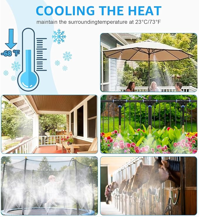 Bluepro Misters for Outside Patio 50Ft 1/4" Misting System with 12pcs 360°Adjustable Copper Nozzles, Outdoor Misters for Backyard,Umbrella,Raised Bed,Potted Plant,Yard,Dog House