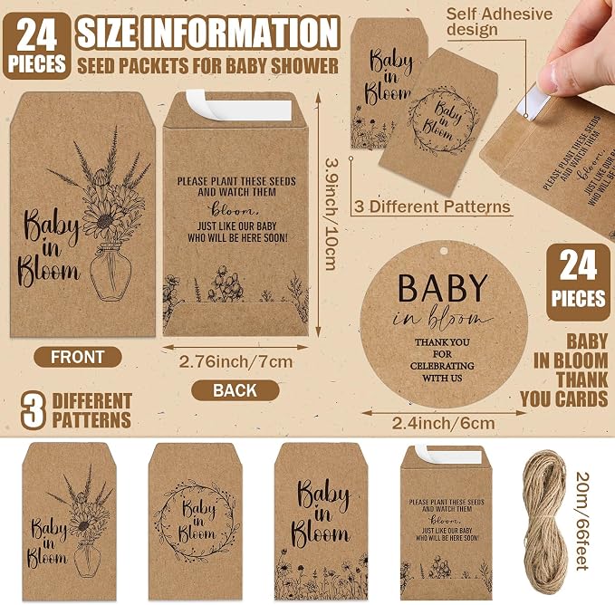 Reallnaive Baby Shower Party Favors Baby in Bloom Envelopes Seed Packets Include 24 Mini Terracotta Pots Seed Packets 24 Self Adhesive Envelopes Thank You Tags Gifts for Party(Kraft Paper)