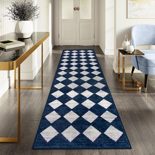 Lahome Zelie Checkered 2x8 Hallway Runner Rug,Soft Kitchen Runner Rugs Non Skid Washable,Blue Bathroom Carpet Runners,Moroccan Trellis Low Pile Rug Runners for Entryway Laundry Room Foyer(2'x8',Blue)