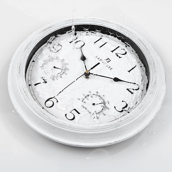 Lafocuse 12 Inch White Outdoor Clocks Waterproof for Patio Pool Bathroom | With Thermometer Combo and Hygrometer, Vintage Rustic Weather Outside Clock for Garden Garage Porch Kitchen, Silent, Accurate