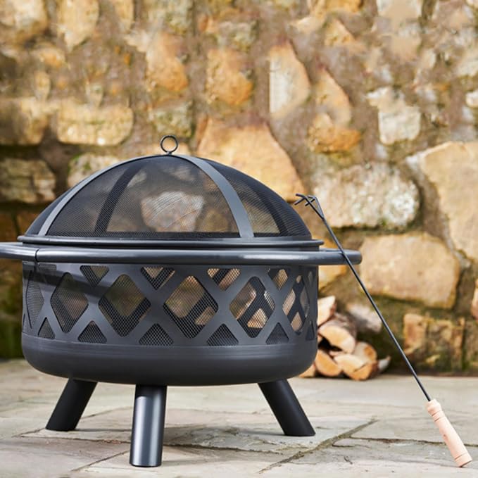 Teamson Home Round Steel Outdoor Fire Pit Outside Wood Burning Firepit Bonfire with Firebowl, Poker, Mesh Screen for Patio Garden Backyard BBQ, 30 Inch, Black | Wood Burning, Includes Firebowl, Poker, Mesh Screen, For Patio Garden Backyard BBQ