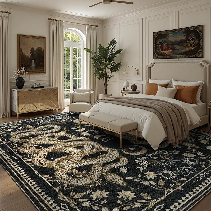 DCX 10x13 Washable Snake Rug for Living Room, Non Slip Low Pile Rug, Black | Rugs for living rooms, bedroom, dining room, office, soft, gothic rug, sain resistant indoor carpet, home decor