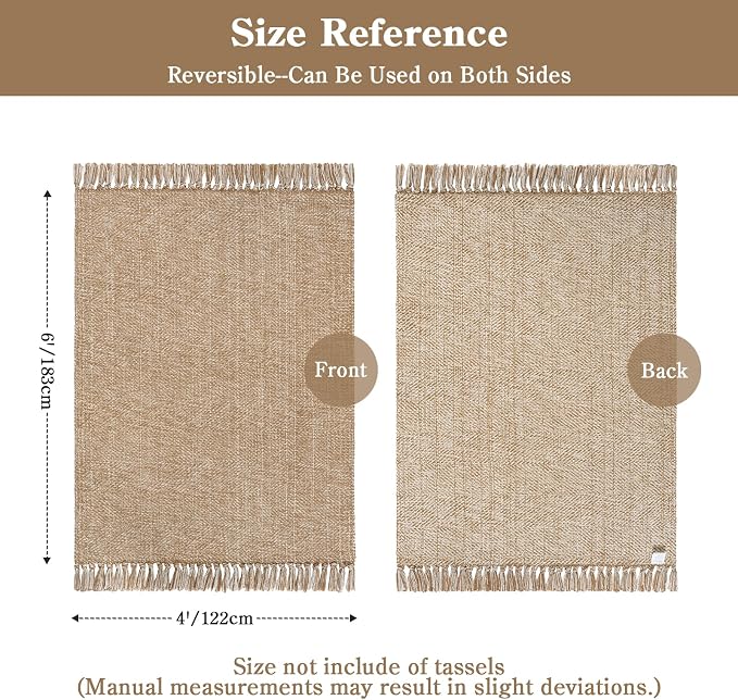 4' x 6' Hand Woven Bedroom Area Rug, Boho Indoor Outdoor Rugs | Tan Modern Farmhouse Living Room Rug, Comfy Jute Bedside Mats, Reversible Braided Dining Room Carpet for Nursery Room Patio