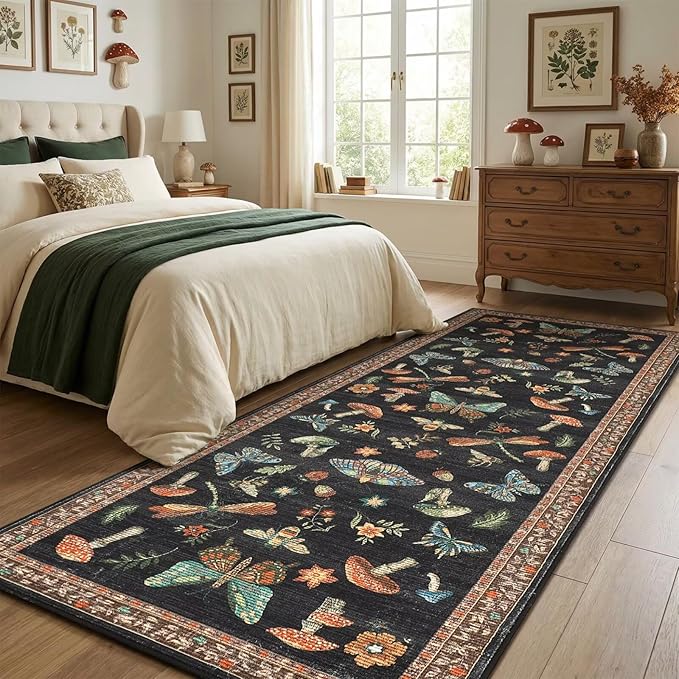 Mushroom 2.5x8 Runner Rug for Hallway Washable Kitchen Rugs Non Slip Low-Pile Whimsical Cottage Core Insect Bug Butterfly Funky Decor for Entryway Bathroom Bedroom Black Brown