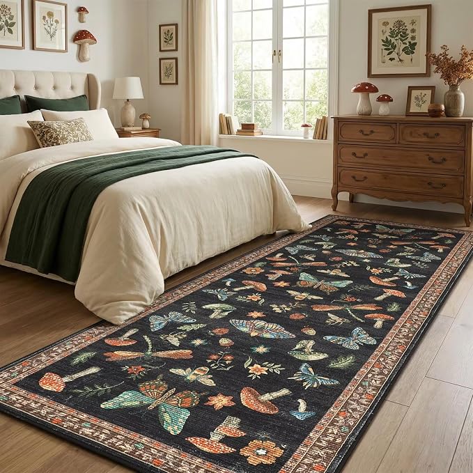 Mushroom 2x6 Runner Rug for Hallway Washable Kitchen Rugs Non Slip Low-Pile Whimsical Cottage Core Insect Bug Butterfly Funky Decor for Entryway Bathroom Bedroom Black Brown