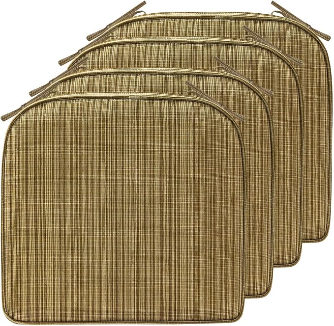 17 x 16 Inch Outdoor Chair Cushions with Tie Straps, Set of 4 Thick Water Repellent Round Patio Chair Pads for Garden Lawn Patio Furniture, Yellow Stripe