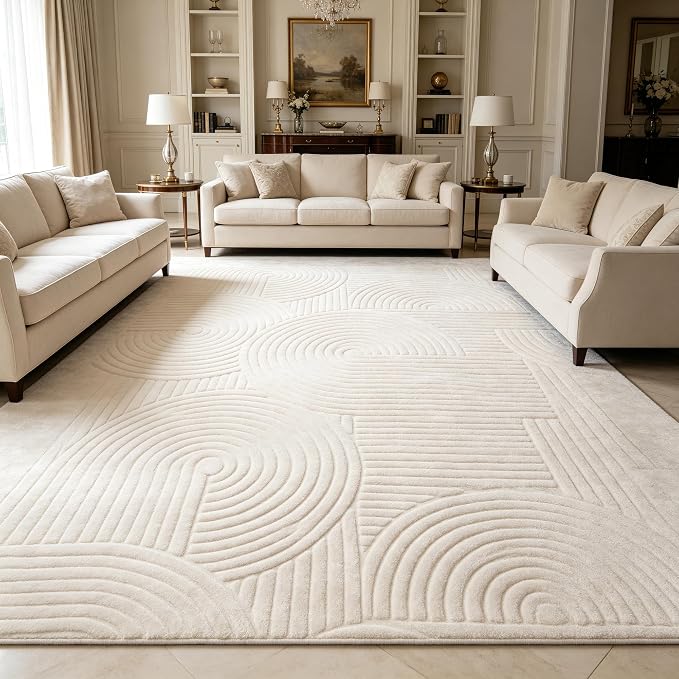 Beige Geometric 8x10 Solid Area Rug, Washable Living Room Rug | Ultra Soft Boho Pattern Minimalist Non-Slip Carpet, 8'x10' Rugs for Bedroom, Kids Room, Nursery, Apartment, Home Office