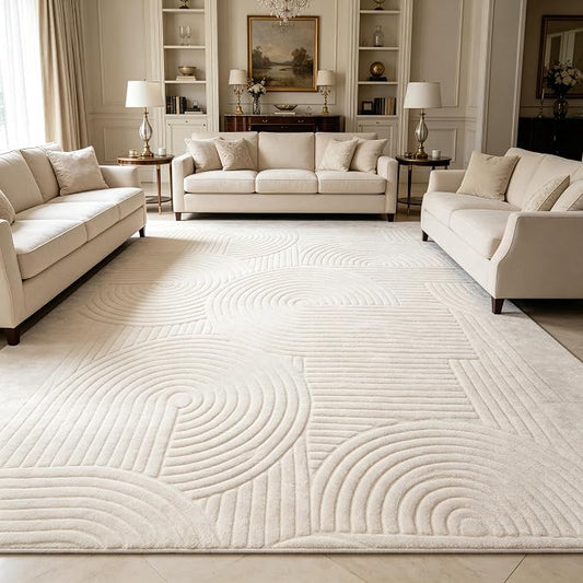 Beige Geometric 8x10 Solid Area Rug, Washable Living Room Rug | Ultra Soft Boho Pattern Minimalist Non-Slip Carpet, 8'x10' Rugs for Bedroom, Kids Room, Nursery, Apartment, Home Office
