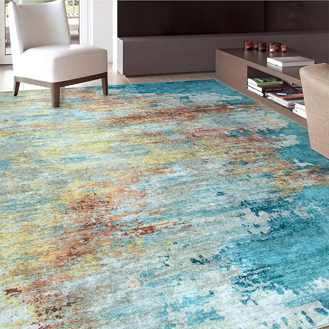 Beeiva Abstract Washable Rugs 8x10, Large Non Slip Area Rug for Living Room, Ultra Thin Foldable Low Pile Carpet for Bedroom Dining Room Playroom - Yellow/Blue