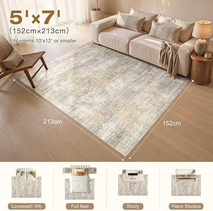 cotiled Boho 5x7 Area Rugs for Living Room: Soft Moroccan Washable Rug | Solve Modern Neutral Trendy Home Decor - Stain Resistan Indoor Carpet for Bedroom Dining Room Gold Brown