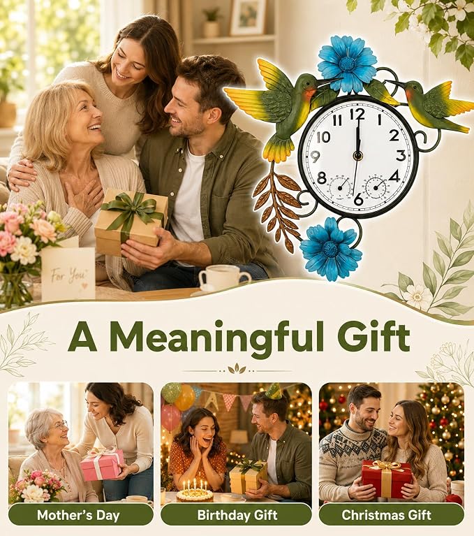 Outdoor Clock with Thermometer and Hygrometer Combo | Silent Non-Ticking Outside Clocks for Patio Waterproof, Metal Decorative Wall Clock for Living Room, Blue Daisy & Hummingbird