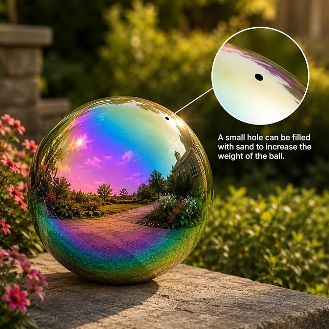 Gazing Ball Garden Mirror Outdoor - 6 Inch Outside Decorative Globe Rainbow | Metal Polished Reflective Sphere, Stainless Steel Hollow Decoration Ornament for Home Pond Swimming Pool Housewarming Gift