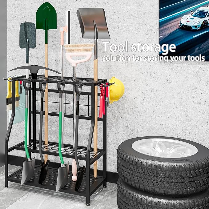 Garden Tool Organizer Yard Tool Tower Rack Shed Organization | Garage Organizers Yard Tool Organizer Heavy Duty Storage up to 60 Long Handled Sturdy Metal Steel Holder with Hooks