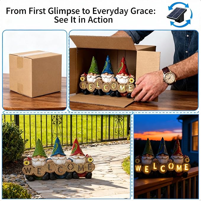 Garden Gnomes Solar Powered Welcome Statue, Outdoor Patio Yard Decor, Waterproof Resin Garden Figurines, Gift for Mother's Day for Mom Grandma, Spring Gardening Gift for Women Grandkids