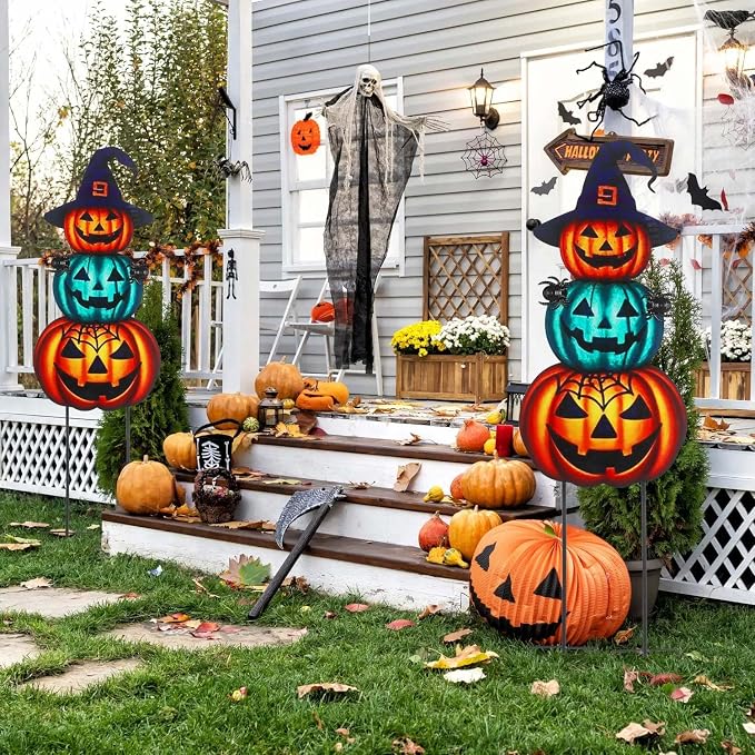 Halloween Yard Stakes Large with Stackable Pumpkins Scary Spiders | 39.3" Metal Halloween Yard Decorations for Garden, Lawn, Patio, Outdoor Decor with Witch Hat