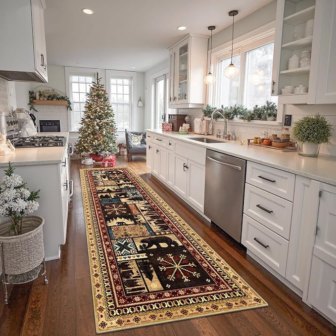 LOKHOM 3x10 Hallway Runner Rug, Non Slip Washable Western Cabin Bear Rugs | Bear Pattern, Low Pile Soft Kitchen Rug, Vintage Wildlife Accent Carpet Runner, For Laundry Bedroom Entryway Nursery