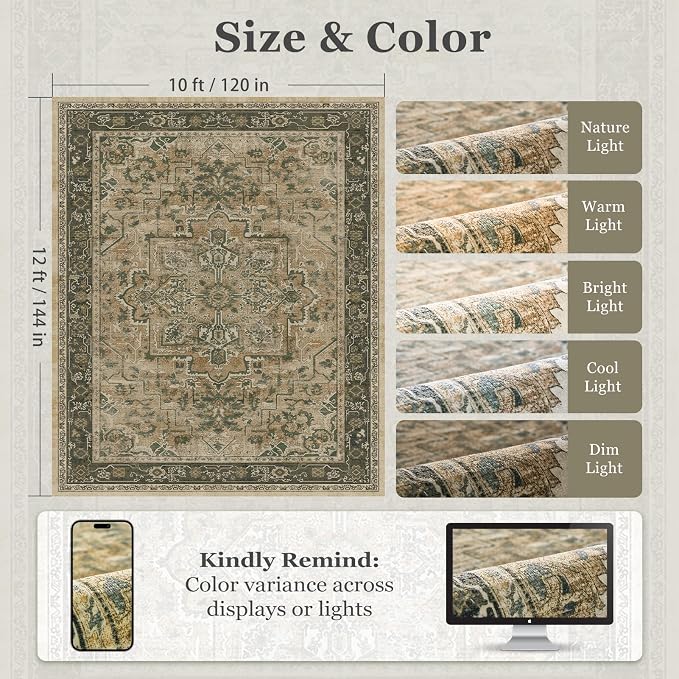 Large Area Rugs 10x12, Living Room Bedroom Carpet Extra Large Size Washable Non Slip, Vintage Distressed Medallio Low Pile Thin Rug for Big Dining Room, Multi Brown/Olive