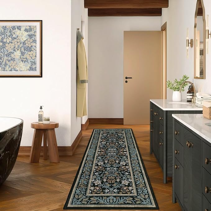 GarveeHome Washable 2x6 Hallway Runner Rug Non Slip Kitchen Rugs Blue Black | Boho Vintage Runner Rugs with Rubber Backing Soft Low-Pile Stain Resistant Indoor Long Carpet for Entryway Bedroom Laundry