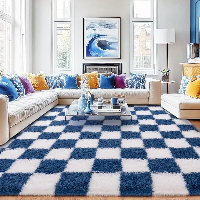 Checkered Rug for Living Room 6x9, Ultra Fluffy Fuzzy Shag Large Area Rug for Bedroom, Modern Plush Soft Upgrade Non-Slip Carpet for Kids Girls and Boys Room Dorm Home Decor, Navy and White