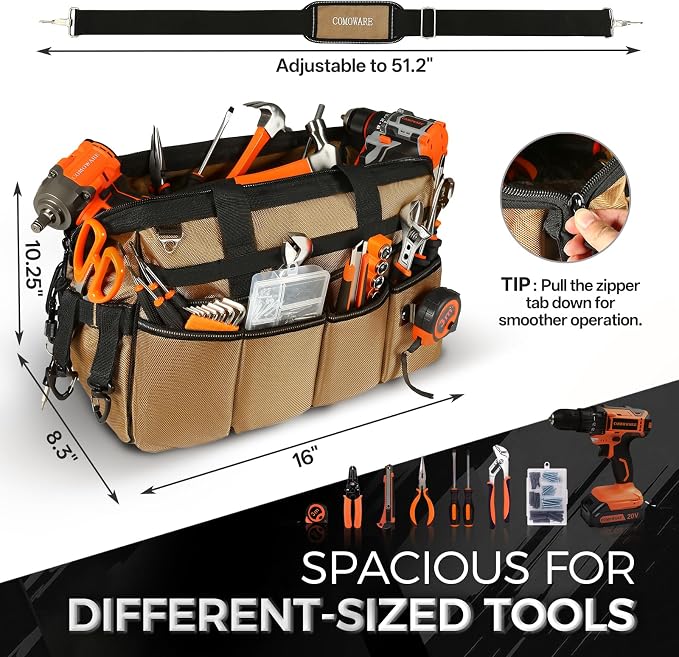 COMOWARE 19-Pocket Tool Bag, Gift for Dad, 16“ Heavy Duty Tool Organizer with Adjustable 51.2" Shoulder Strap, 1680D Oxford Fabric & PVC Coating, Reflective Strips, Tactical Loops, Mechanics