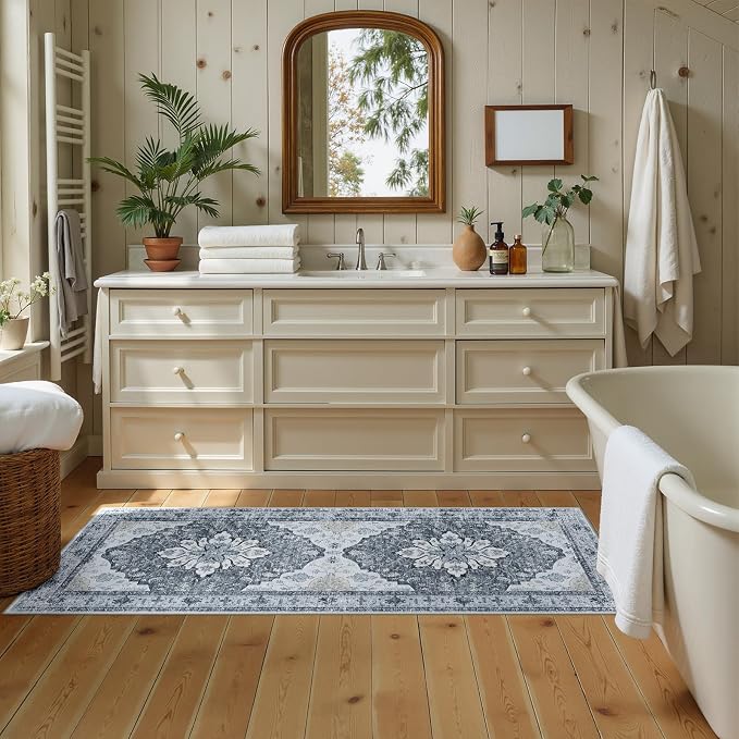 RELEANY Washable Area Rug, Runner 2'x6', Grey/White/Beige | Non-Slip, Water Repellent, Pet Friendly, Easy to Clean, Vintage Floral Boho Decor for Kitchen Entry Bedroom Bedside Laundry