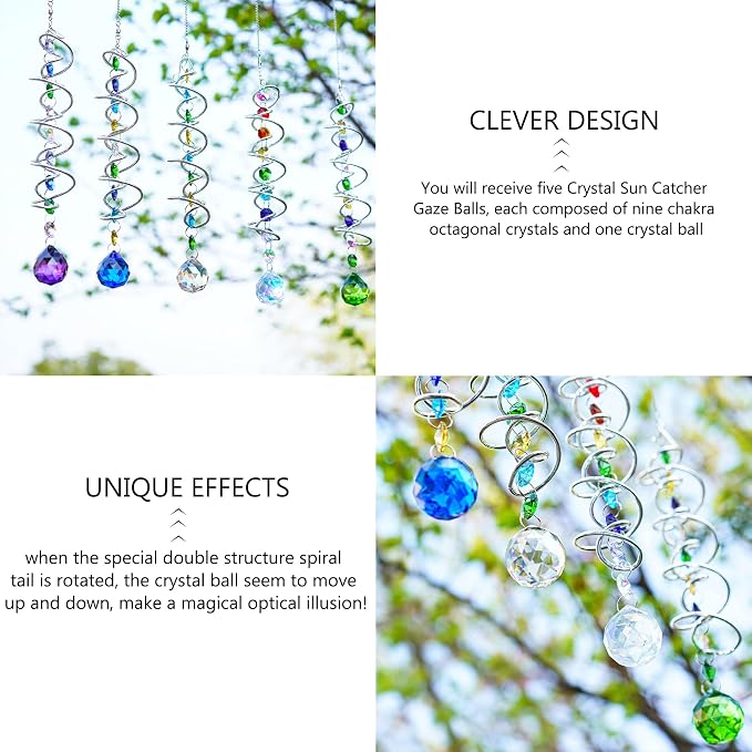 5 Pack Crystal Suncatcher Gazing Ball Spiral Wind Spinner Garden Decor | Crystal Sun Catcher Wind Spinner with Spiral Tail Gazing Ball Hanging for Indoor Outdoor Garden Patio Yard Home Decor