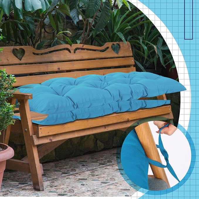 Wenqik Outdoor Bench Cushion 48 x 20 x 3 Inch Waterproof Patio Swing Cushion with Removable Zippered Cover Adjustable Ties Seat Pad for Porch Bench Garden Loveseat(Cyan, Classic)