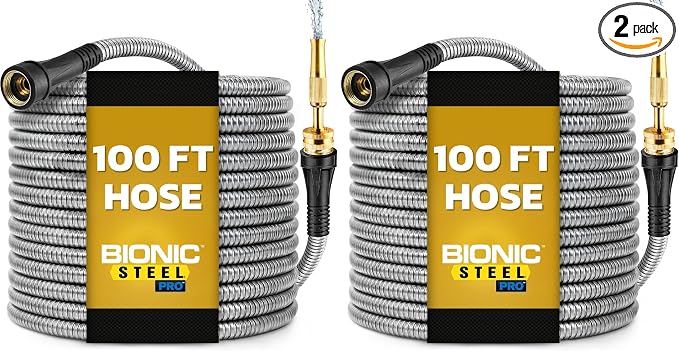 Bionic Steel PRO 100Ft GardenHose with Nozzle,Premium 304 Stainless Steel Metal WaterHose 100Ft Flexible-Hose,Rust Proof,Lightweight,Heavy Duty,Crush Resistant Fitting,500 PSI,2025 Model,(Pack of 2)