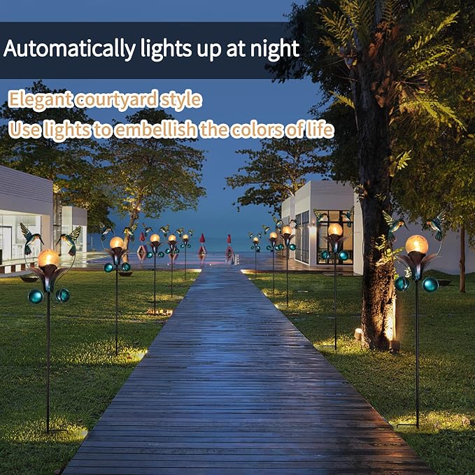 Decorative Solar Outdoor Light, Hummingbird Glass Globe Stake For Lawn Yard | Solar Hummingbird Lights With Wind Spinner Design, Crackle Glass Globe, Auto On/Off For Garden, Lawn, Yard