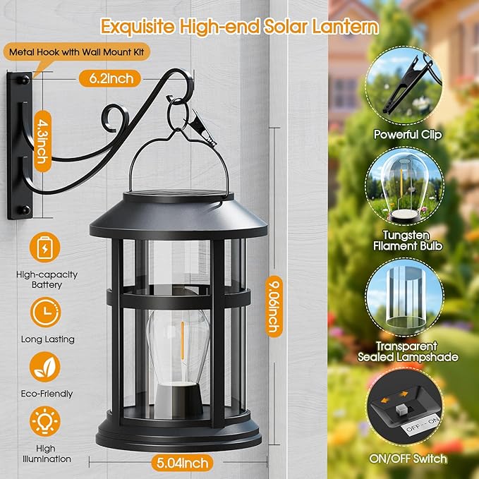 GARPAR Solar Lanterns Outdoor Waterproof, Hanging Solar Lights with Hook | Wall Mount Kit, Brighter LED, 1000mAh Battery, Bigger Solar Panel, Auto On/Off, for Garden, Yard, Patio, Porch Decor