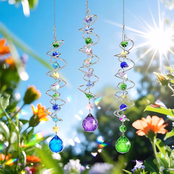 5 Pack Crystal Suncatcher Gazing Ball Spiral Wind Spinner Garden Decor | Crystal Sun Catcher Wind Spinner with Spiral Tail Gazing Ball Hanging for Indoor Outdoor Garden Patio Yard Home Decor