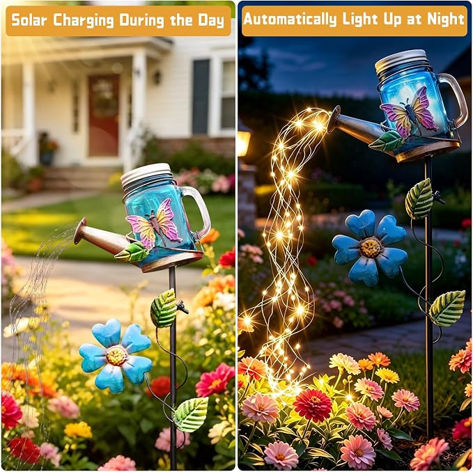 SRNPMIU Solar Watering Can Light, Yard Outdoor Decor Lights, IP65 Waterproof, Hanging Butterfly Garden Light, Outside Garden Flower Bed Decor, Women Gift, Birthday Gifts