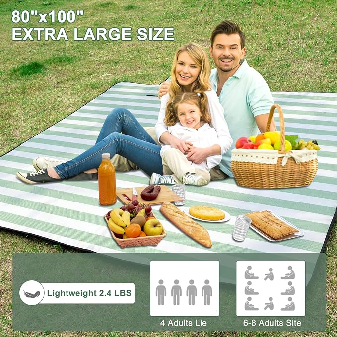 ZUBOND Picnic Blanket 80''x100'', Waterproof Sandproof Beach Outdoor Camping Mat Extra Large Foldable Gingham Big Travel Essential Accessories Gift Park Patio Lawn Garden Grass Ground Music Festival