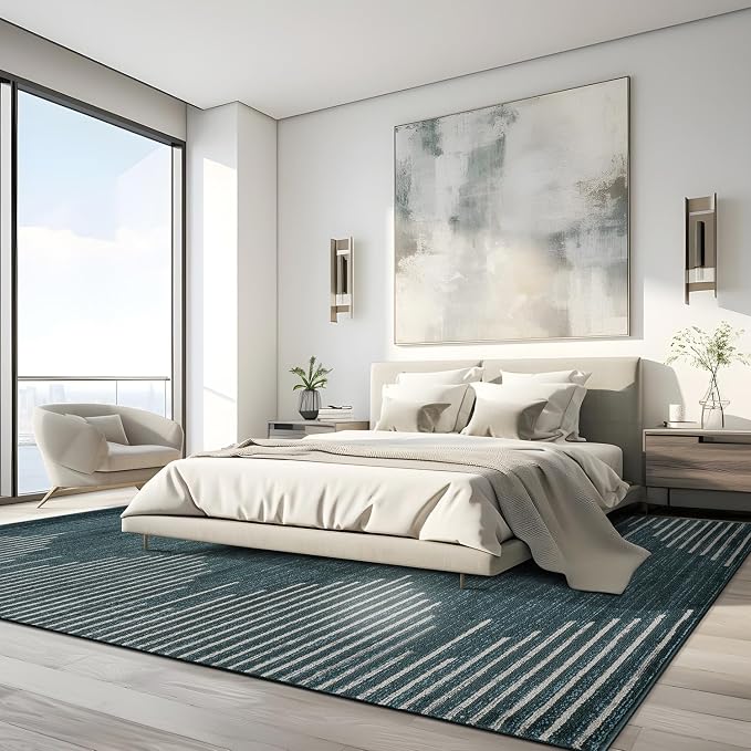 Rugshop Bohemian Stripe Stain Resistant Area Rug Teal 7'10" x 10' | High Traffic,Fade Resistant, Living Room, Bedroom, Dining Room, Home Office, Kitchen, Entryway, Hallway, Nursery,Basement