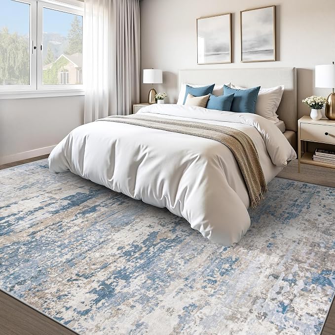 pmtsns Area Rugs 8x10 for Living Room: Washable Rug Modern Abstract Neutral Soft Non-Slip Low-Pile Indoor Large Carpet for Bedroom Dining Room Playroom Home Office (Light Blue Brown, 8'x10')