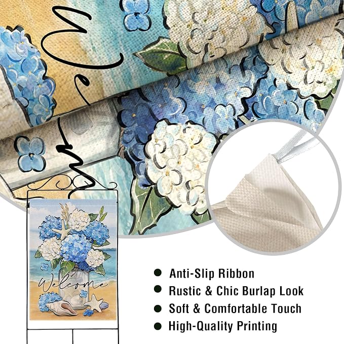 Artofy Welcome Spring Summer Flower Large Decorative House Flag, Hydrangea Floral Mason Jar Beach Coastal Yard Garden Outside Decor, Nautical Conch Starfish Outdoor Home Decoration Double Sided 28x40