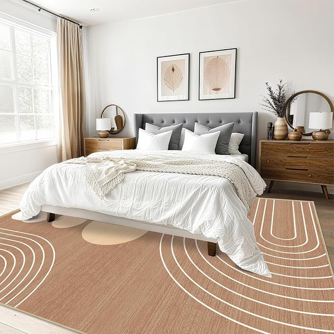 Area Rug 5x7 Boho Modern Minimalist Geometric Abstract Rug Brown Mid Century Modern Rug for Living Room Machine Washable Non-Slip Printed Low Pile Indoor Carpet for Bedroom Dining Room Office Brown