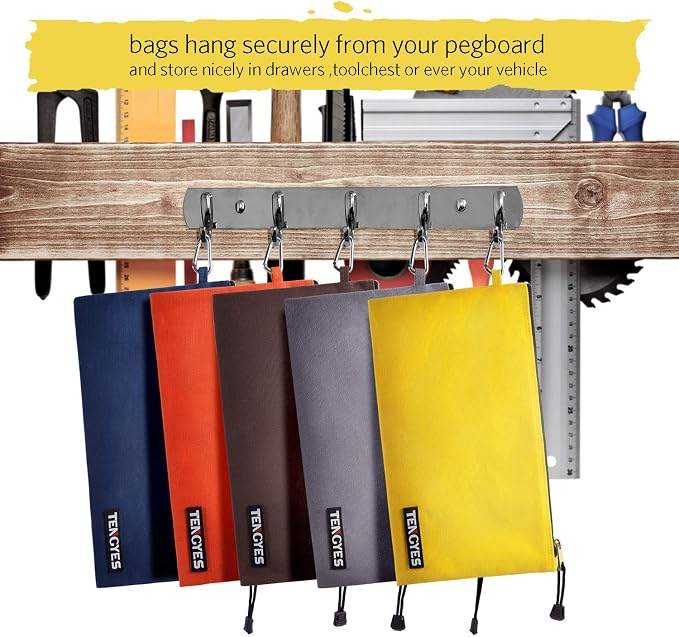 Canvas Tool Pouch Zipper Bag, 5 Pack Utility Bags | Heavy Duty, Metal Zippers Pouches, with Carabiner, Multi Storage Organizer Clip on Tote Bags