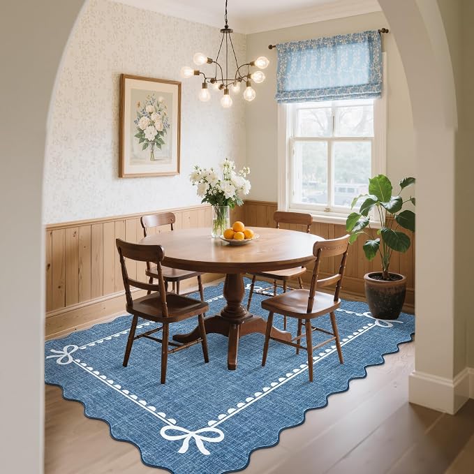 GarveeHome Scalloped Bow Rug 8x10 Washable Rugs for Living Room, Dark Blue | Non Slip Soft Low Pile Indoor Large Carpet for Nursery Girls Bedroom Decor Hallway Kids Room College Dorm Playroom