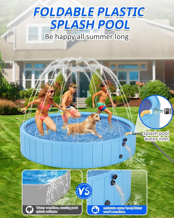 YSJILIDE Dog Pools for Large Dogs, 2-in-1 Sprinkler Pool for Kids Non-Slip Dog Swimming Pool for Outdoor Backyard Kids Dogs Ducks and Pet Baths 63" x 12"