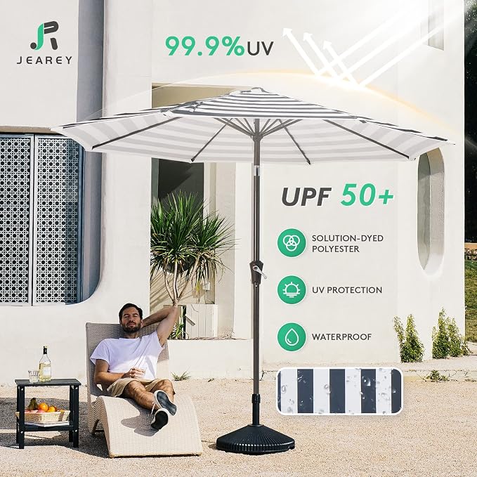 JEAREY 9FT Outdoor Patio Umbrella Outdoor Table Umbrella with Push Button Tilt and Crank, Market Umbrella 8 Sturdy Ribs UV Protection Waterproof for Garden, Deck, Backyard, Pool (Black & White Stripe)