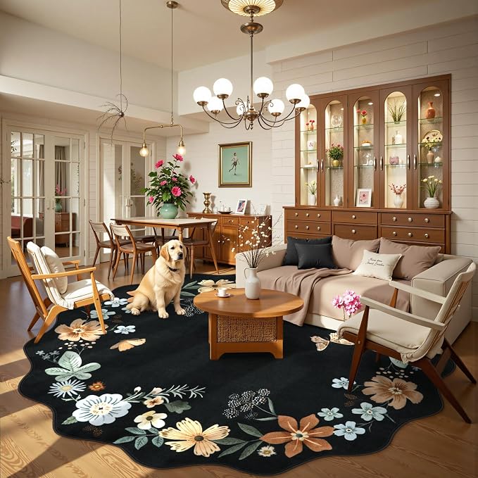 Lahome Floral Washable Round Area Rug, Soft Round Rugs 6ft Ultra-Thin Black | Non-Slip Boho Large Circle Carpet for Bedroom Living Room Kitchen Nursery Flore Black/Grey